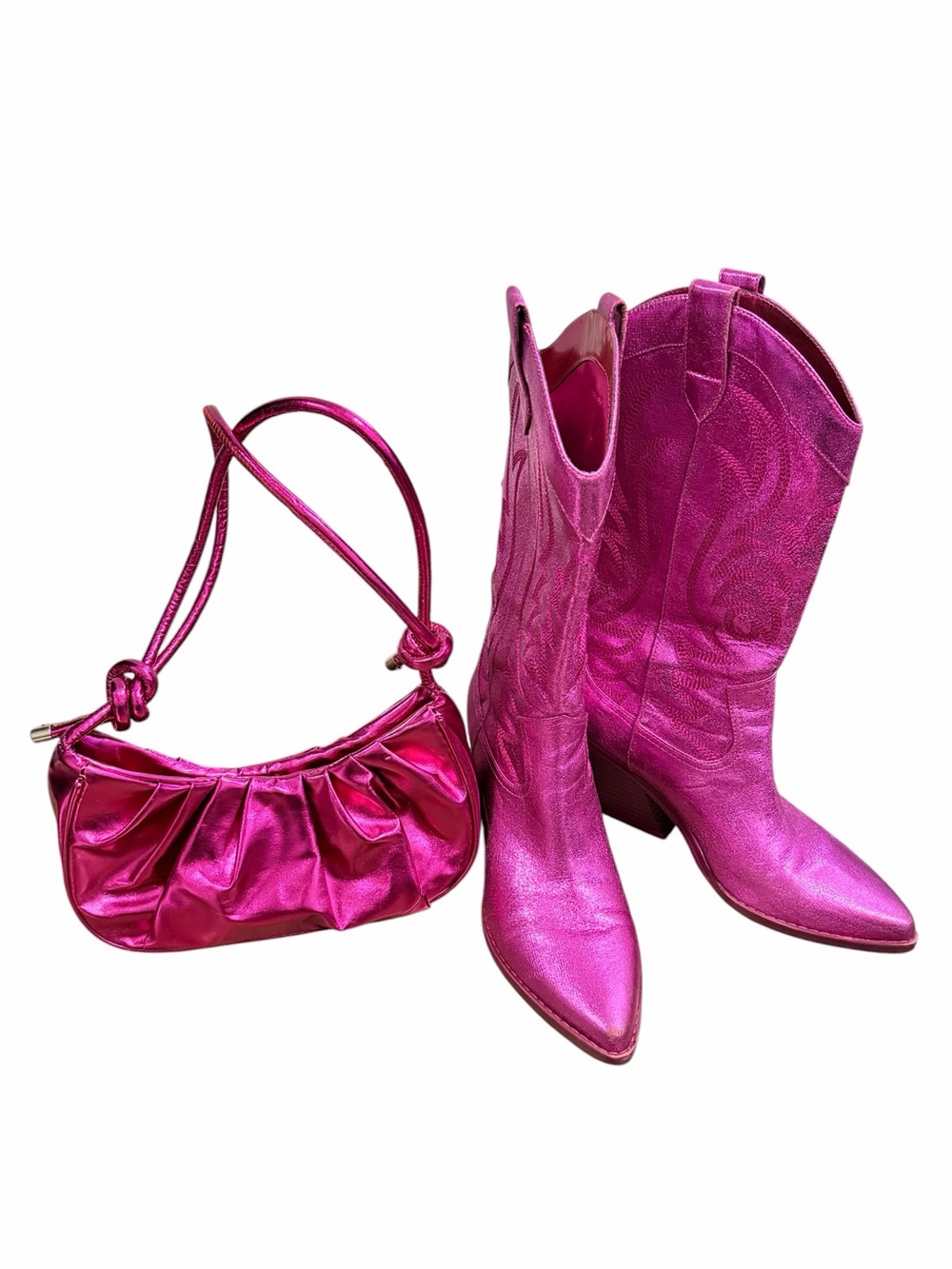 Nine West Western Cowboy Boots in Metallic Magenta and matching purse size 7